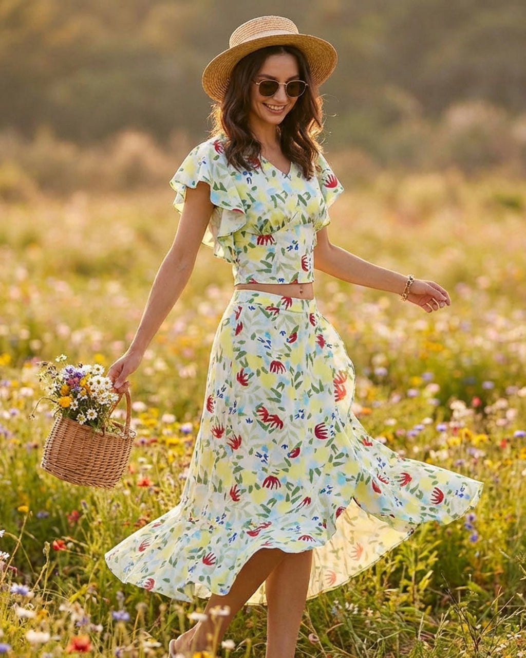 Ruffled Floral V-Neck T-Shirt