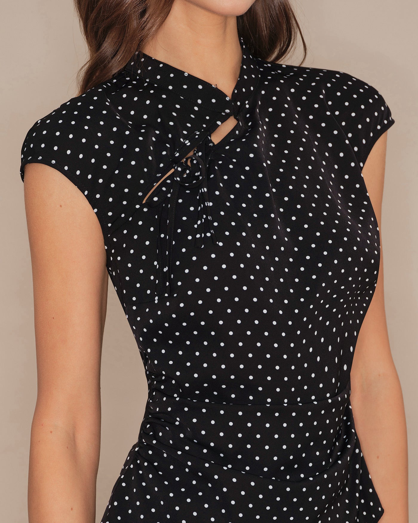 Mandarin Collar Tee with Black Polka Dots