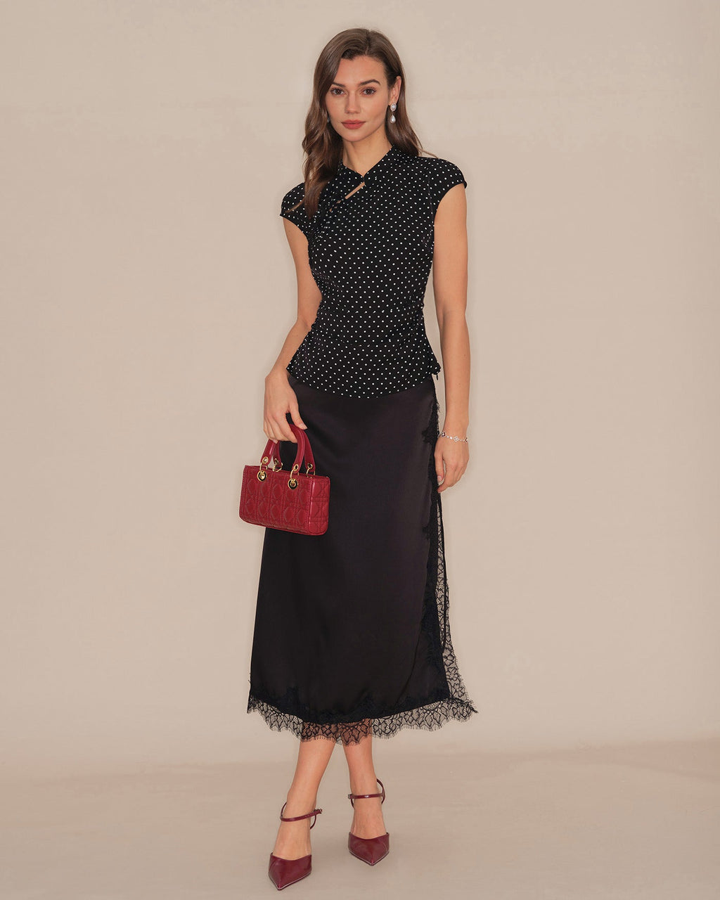 Mandarin Collar Tee with Black Polka Dots