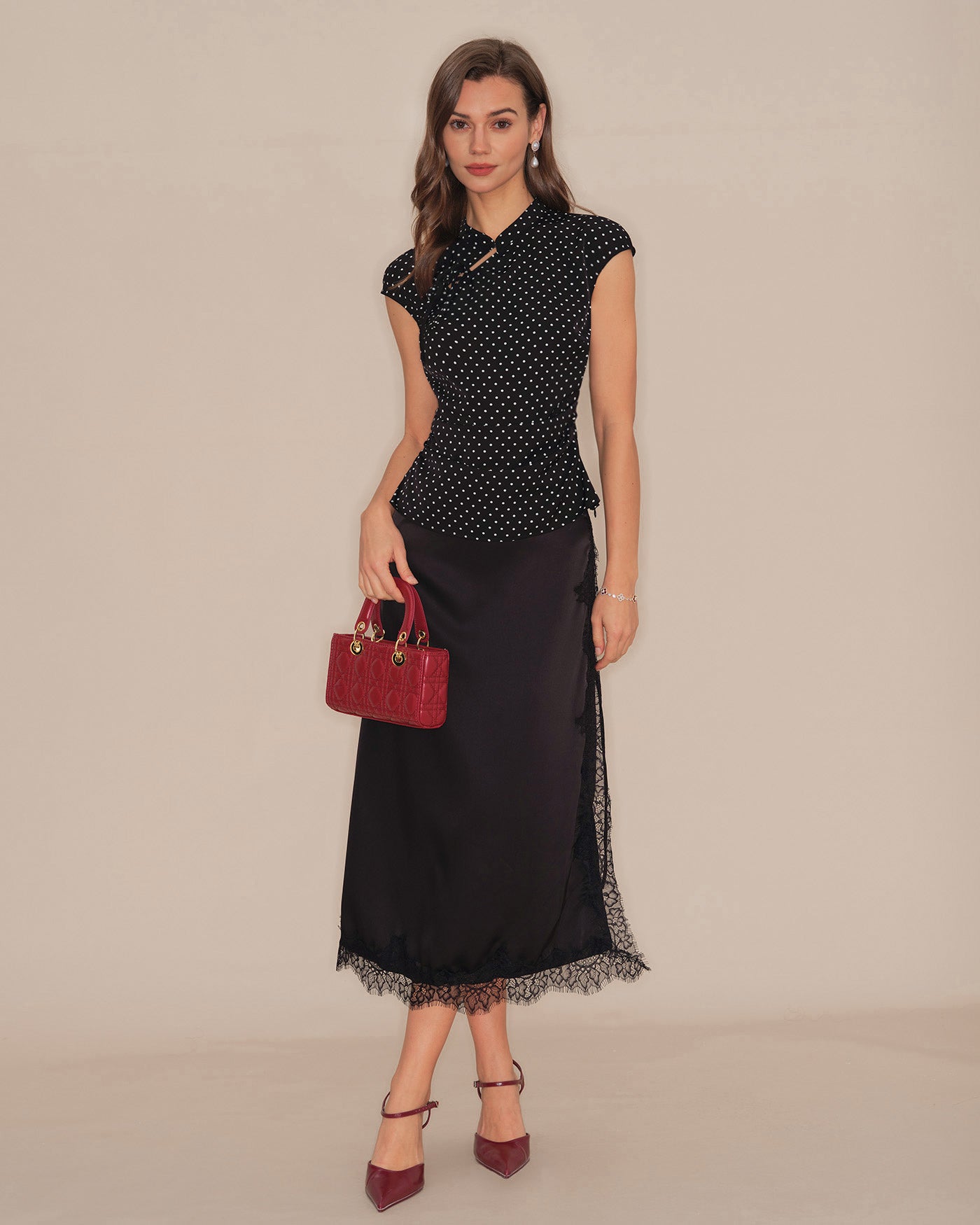 Mandarin Collar Tee with Black Polka Dots