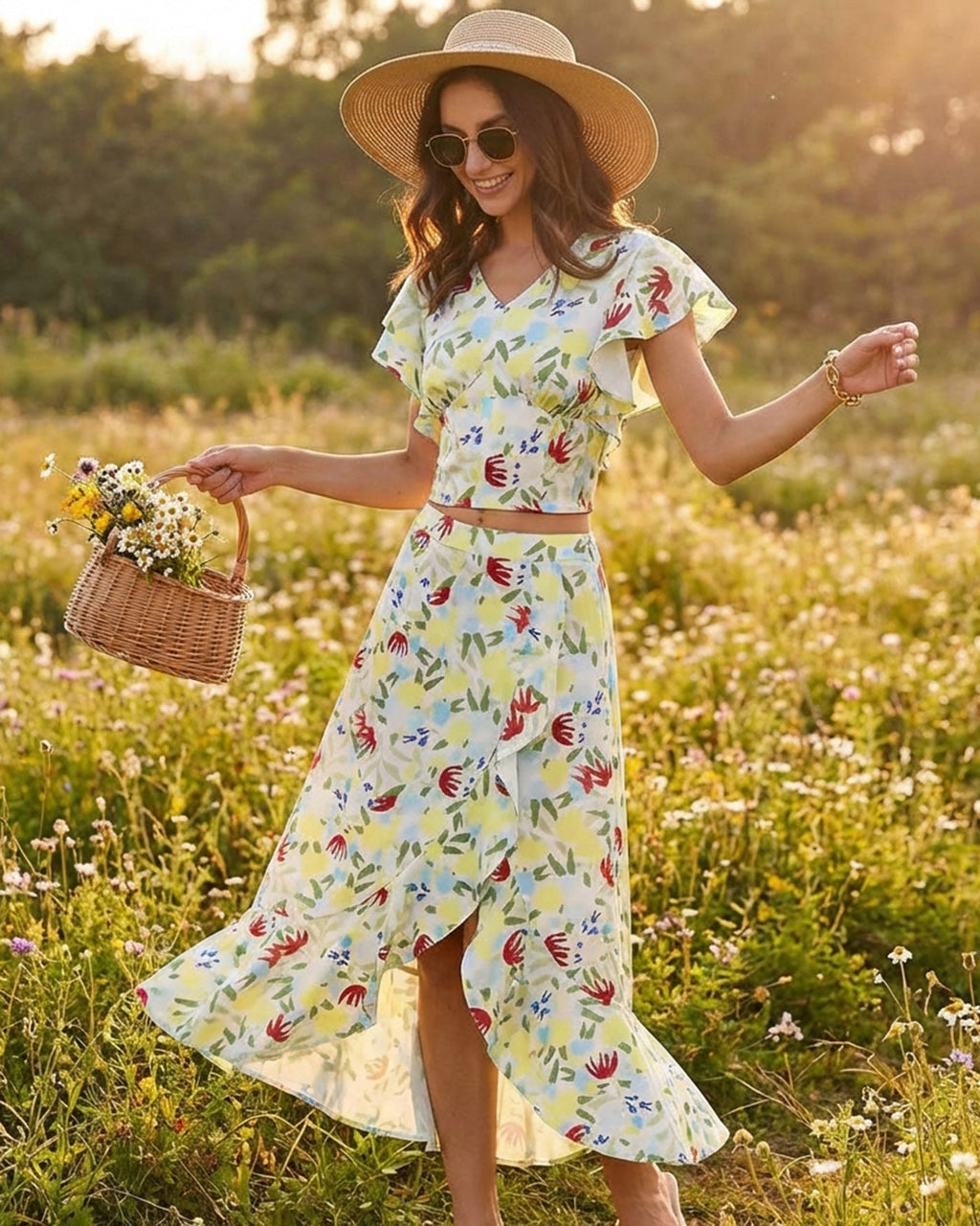 Ruffled Floral V-Neck T-Shirt