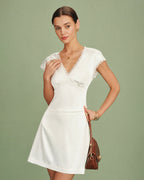 Apricot Satin Tee with V-Neck and Lace Details