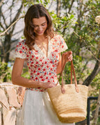 Floral Lace V-Neck Tee in Red