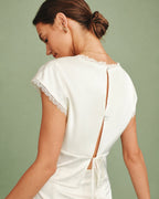 Apricot Satin Tee with V-Neck and Lace Details