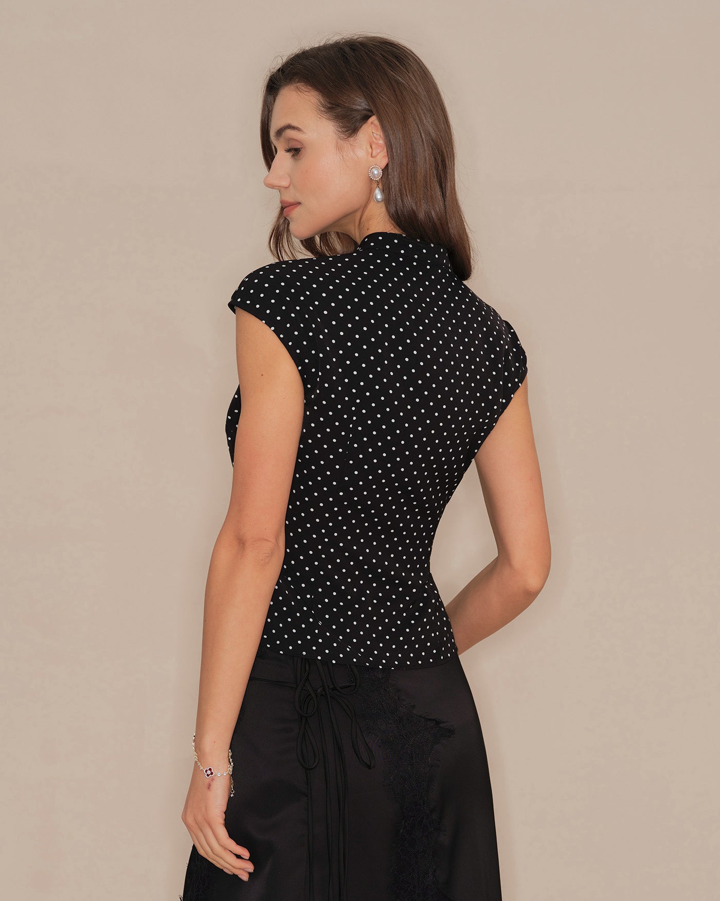 Mandarin Collar Tee with Black Polka Dots
