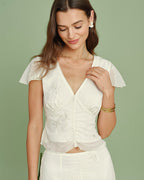 Embroidered V-Neck Tee in Apricot