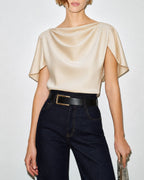 Apricot Cowl Neck Tee with Butterfly Sleeves
