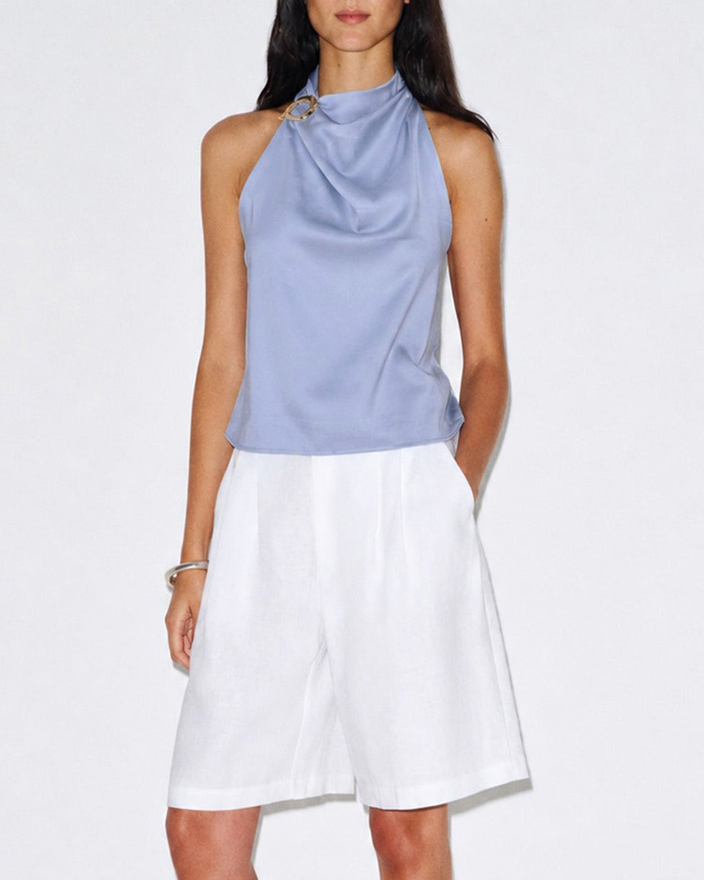 Button-Detail Blue Cowl Neck Tank Top