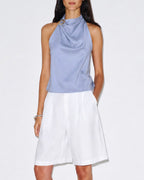Button-Detail Blue Cowl Neck Tank Top