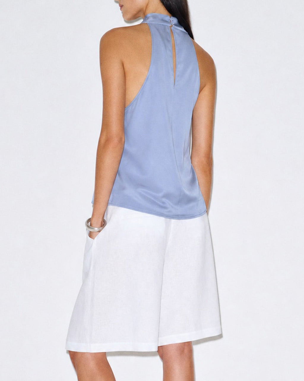 Button-Detail Blue Cowl Neck Tank Top