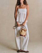 White Shirred Cami Top with Splicing Details