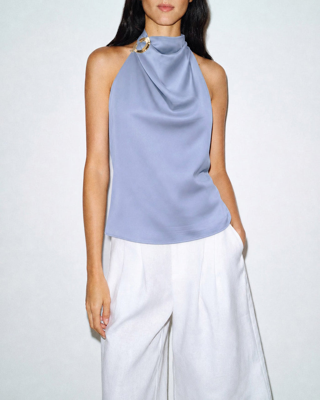 Button-Detail Blue Cowl Neck Tank Top