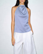 Button-Detail Blue Cowl Neck Tank Top