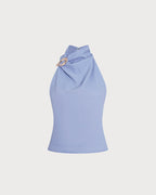 Button-Detail Blue Cowl Neck Tank Top