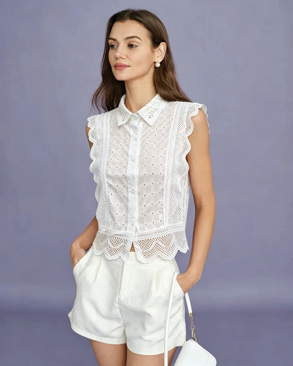 Button-Down Cut-Out Tank Top in White
