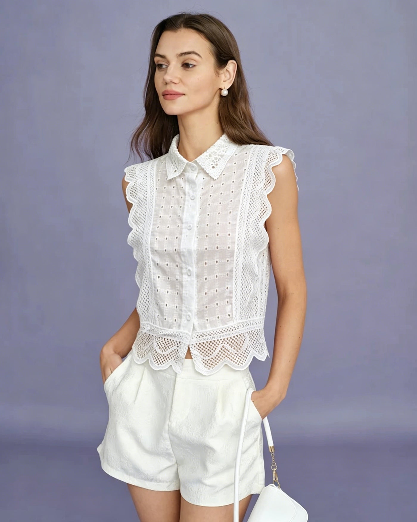 Button-Down Cut-Out Tank Top in White