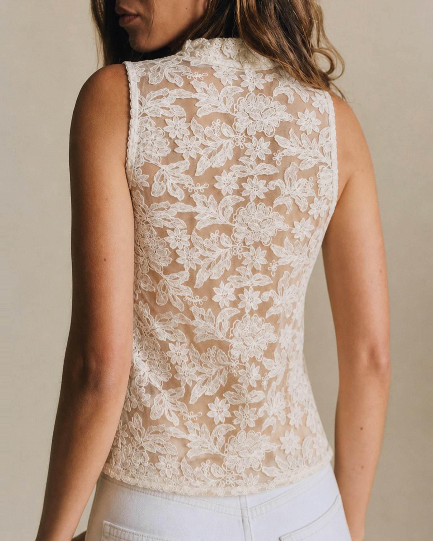 Sheer Apricot Embroidered Tank Top