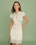Apricot Lace-Trimmed Tee with Spliced Design