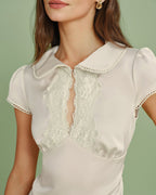 Apricot Lace-Trimmed Tee with Spliced Design