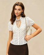 Off-White Polka Dot Tee with Mandarin Collar