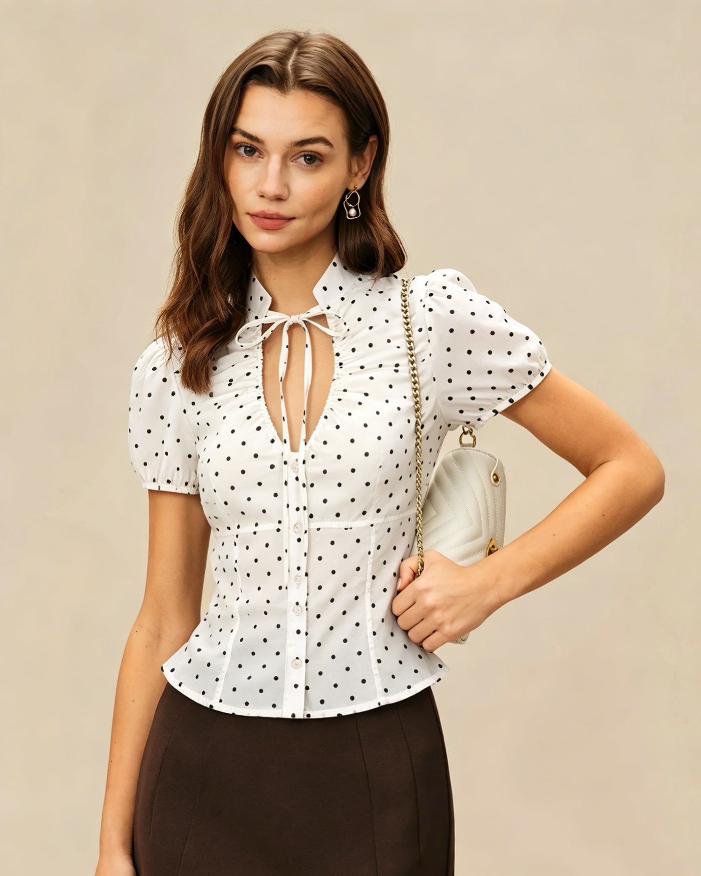 Off-White Polka Dot Tee with Mandarin Collar