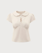 Apricot Lace-Trimmed Tee with Spliced Design