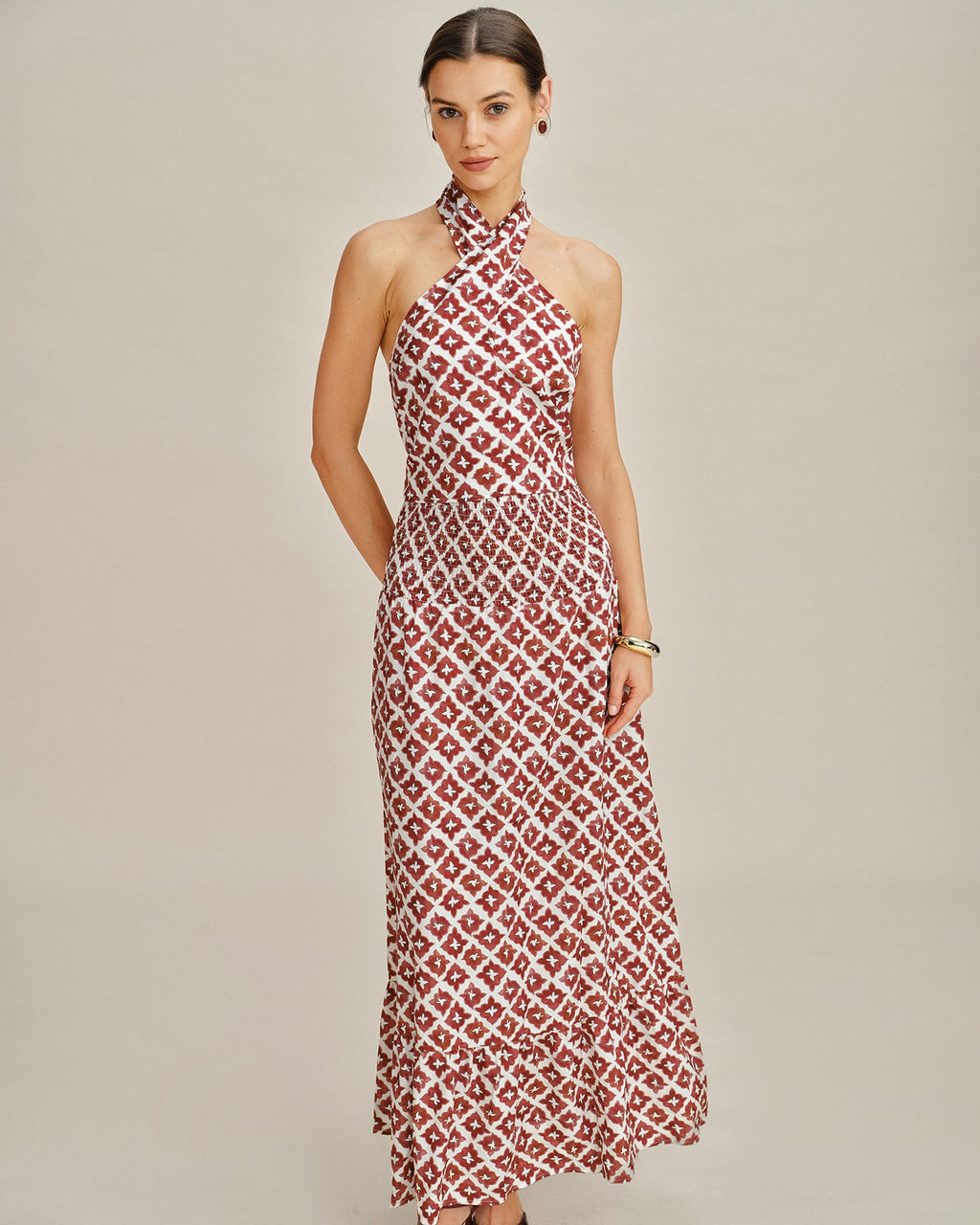 Red Halter Neck Shirred Two-Piece Skirt Ensemble