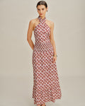 Red Halter Neck Shirred Two-Piece Skirt Ensemble