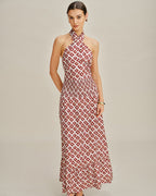 Red Halter Neck Shirred Two-Piece Skirt Ensemble