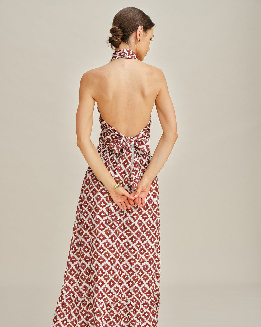 Red Halter Neck Shirred Two-Piece Skirt Ensemble