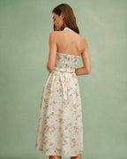 Apricot Floral Halter Neck Two-Piece Skirt Ensemble