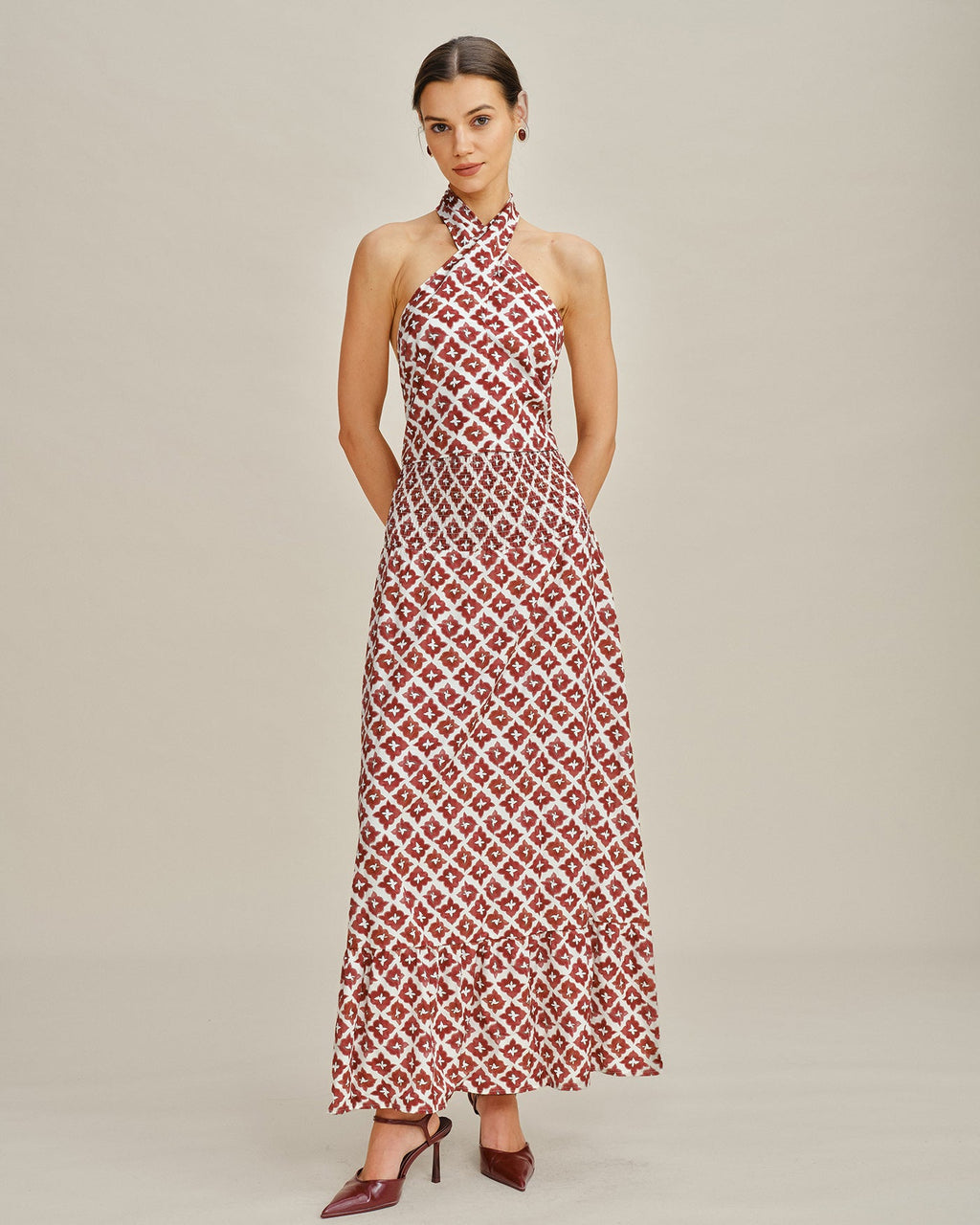 Red Halter Neck Shirred Two-Piece Skirt Ensemble