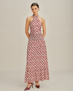 Red Halter Neck Shirred Two-Piece Skirt Ensemble