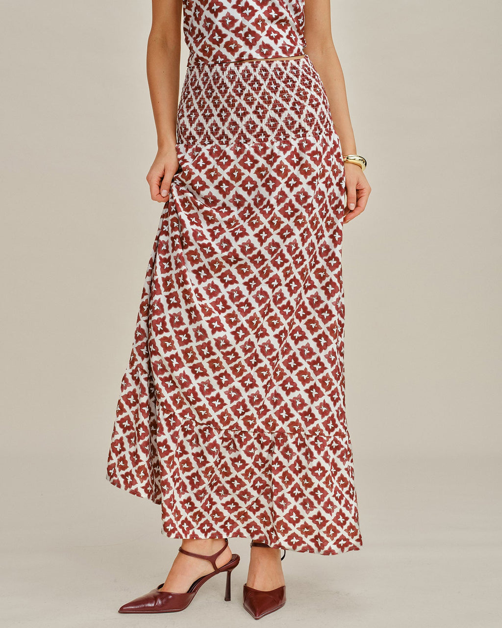 Red Halter Neck Shirred Two-Piece Skirt Ensemble