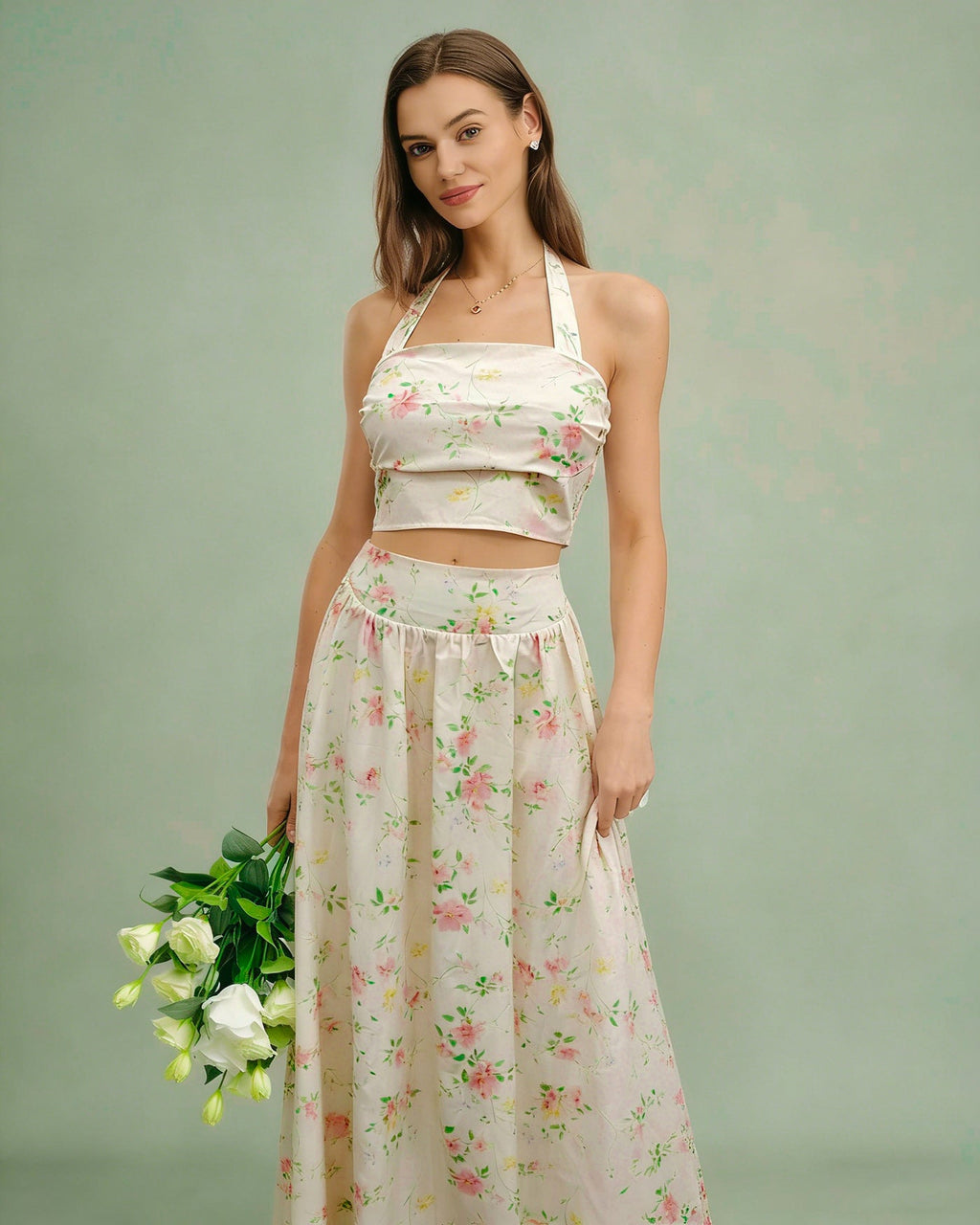 Apricot Floral Halter Neck Two-Piece Skirt Ensemble