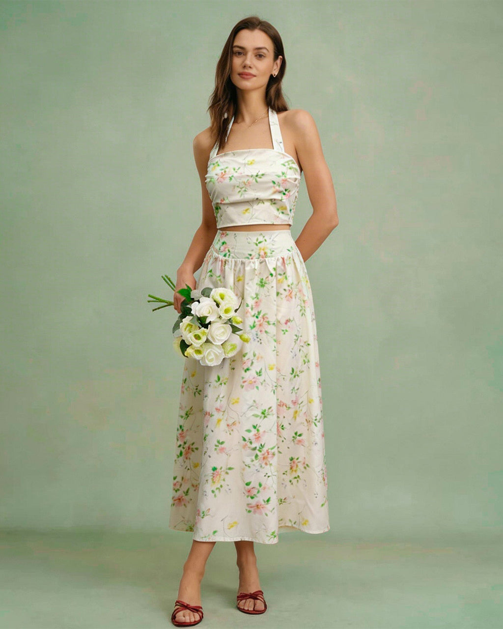 Apricot Floral Halter Neck Two-Piece Skirt Ensemble