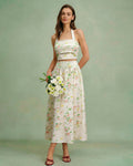 Apricot Floral Halter Neck Two-Piece Skirt Ensemble