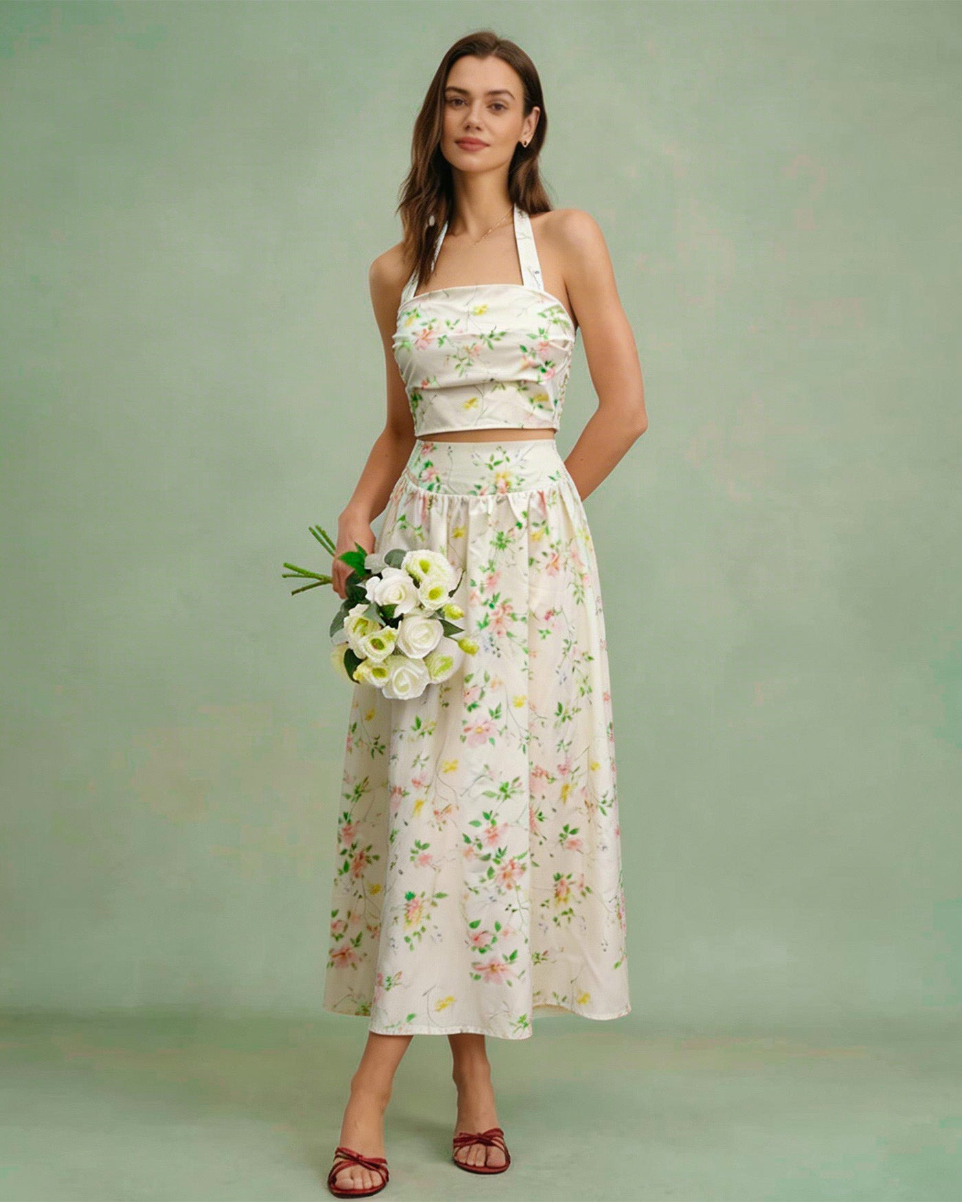 Apricot Floral Halter Neck Two-Piece Skirt Ensemble