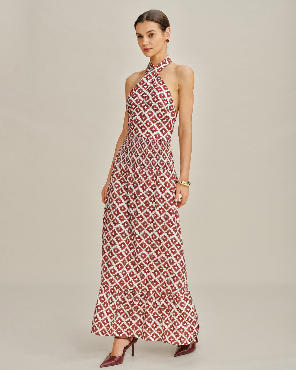 Red Halter Neck Shirred Two-Piece Skirt Ensemble