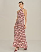 Red Halter Neck Shirred Two-Piece Skirt Ensemble