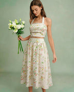 Apricot Floral Halter Neck Two-Piece Skirt Ensemble