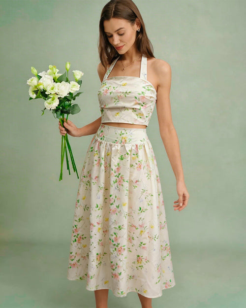 Apricot Floral Halter Neck Two-Piece Skirt Ensemble