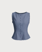 Blue Boat Neck Button-Up Vest