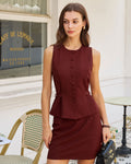 Wine Red Belted Vest with Button Details