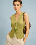 Floral Textured Green V-Neck Vest