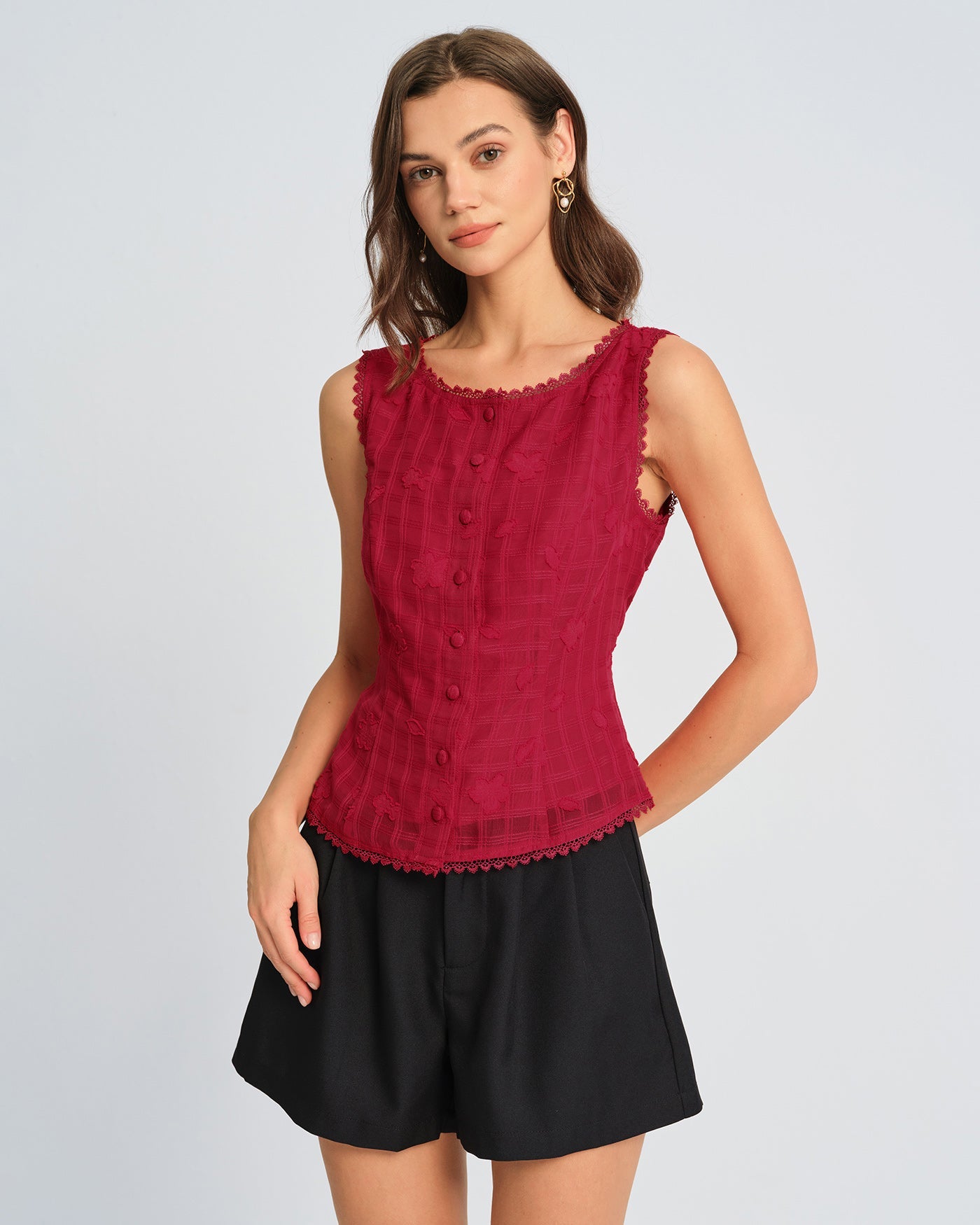 Red Jacquard Round Neck Tank Top