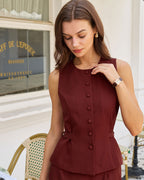 Wine Red Belted Vest with Button Details
