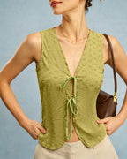 Floral Textured Green V-Neck Vest
