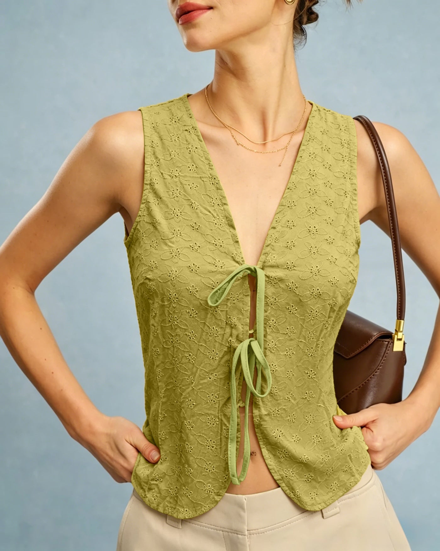 Floral Textured Green V-Neck Vest