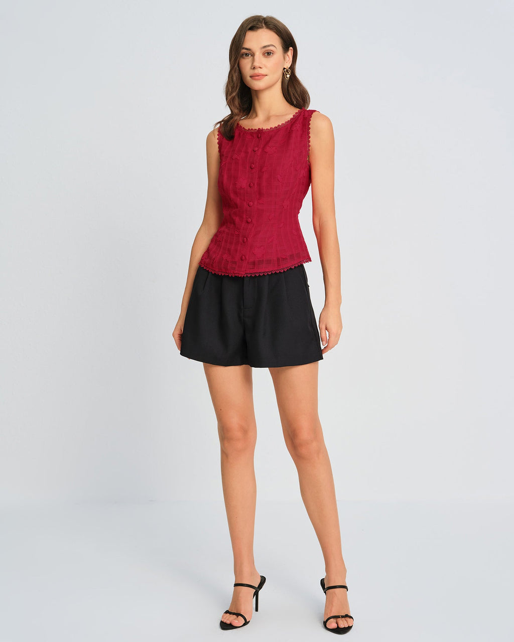 Red Jacquard Round Neck Tank Top